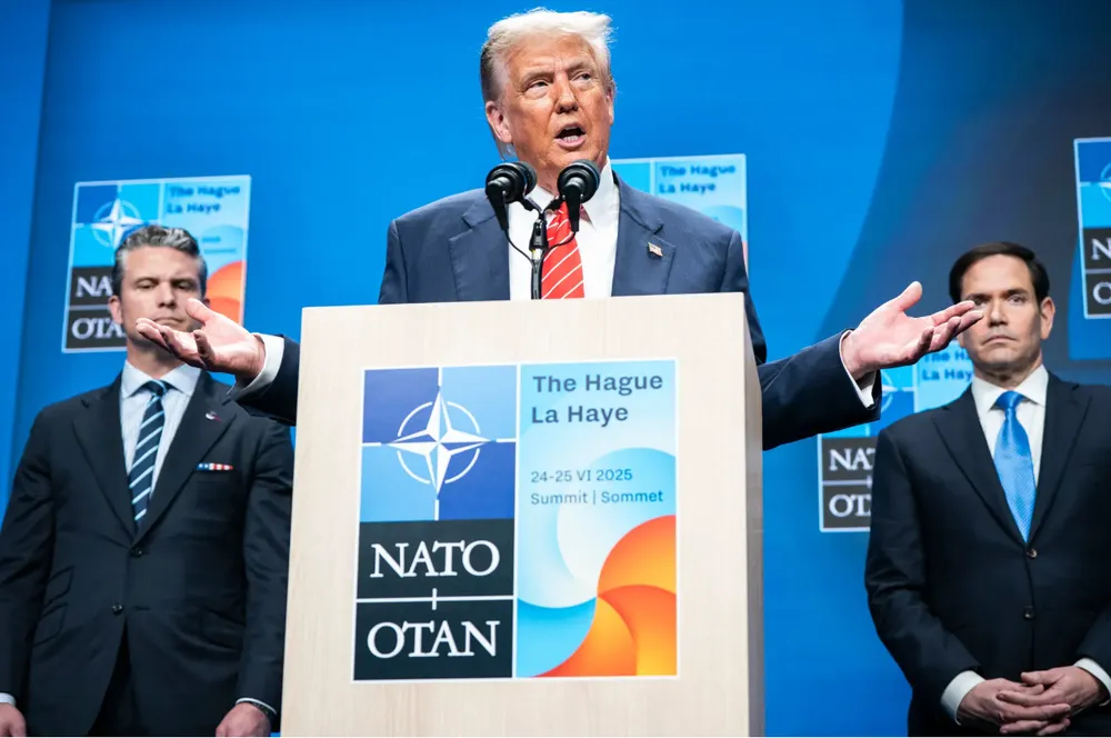 Tổng thống Mỹ Donald Trump tại Hội nghị thượng đỉnh NATO tại Hà Lan hôm 25-6. Ảnh: THE NEW YORK TIMES