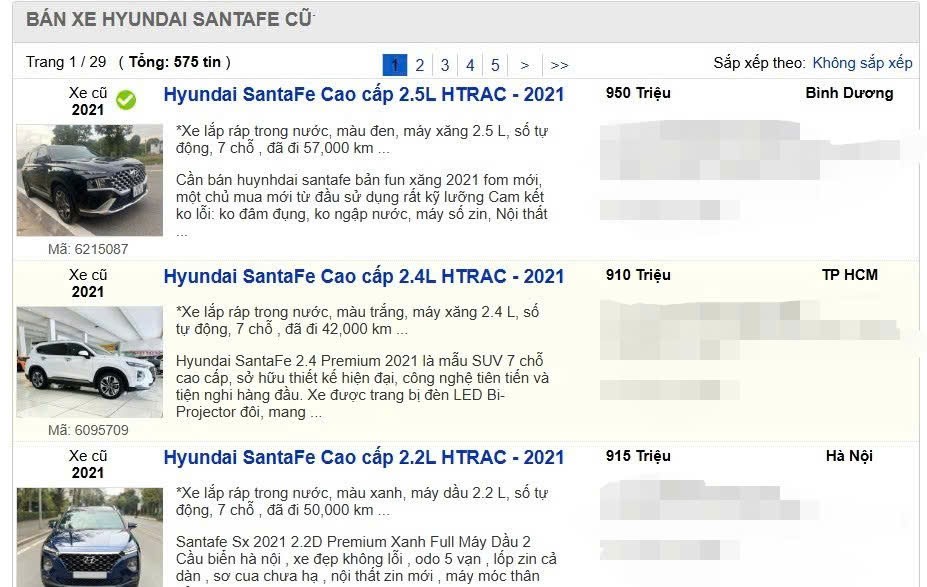 Loạt tin rao bán Hyundai Santa Fe trên một trang rao vặt.