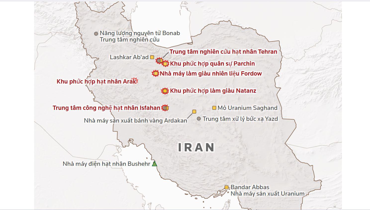 Các cơ sở hạt nhân trên khắp Iran (Đồ họa: Reuters)