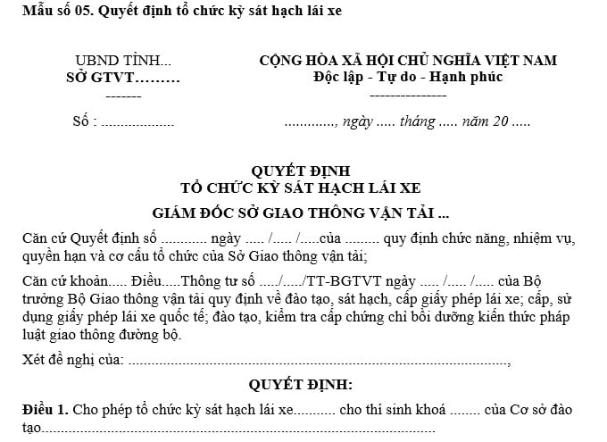 Mẫu quyết định tổ chức kỳ sát hạch lái xe mới nhất? Tải về?
