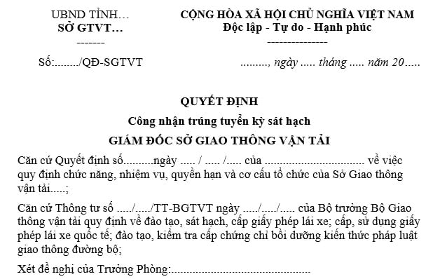 Mẫu quyết định công nhận trúng tuyển kỳ sát hạch lái xe